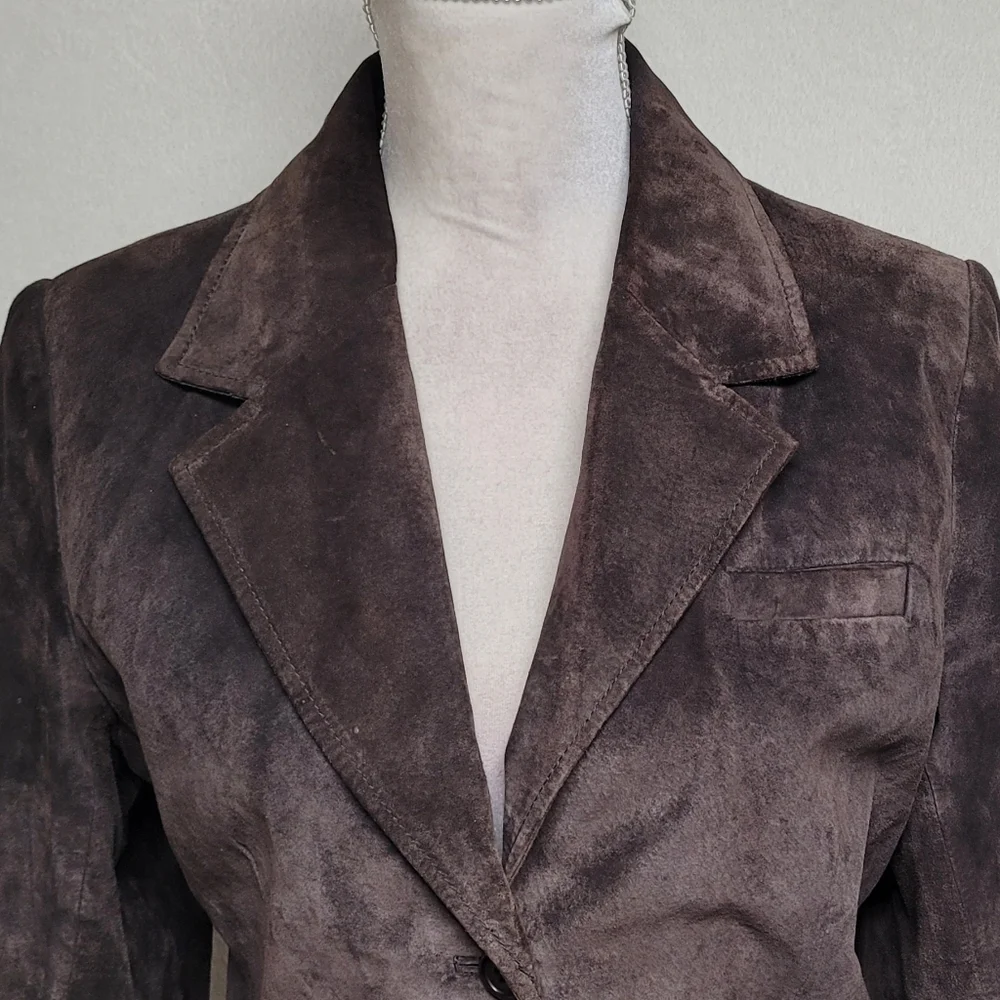 90s Vintage Warm Stone Brown Suede Leather Single Breasted Pleated Blazer Jacket